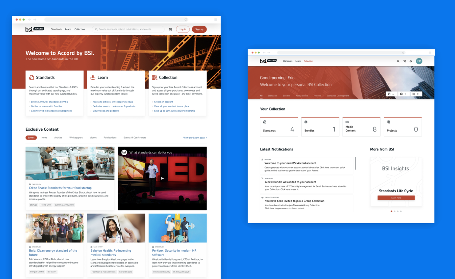 Screenshots of BSI website desktop view of a home page and the customer's collection page